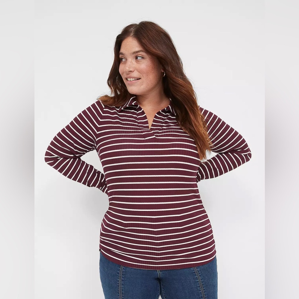 Lane Bryant 18/20 Maroon Striped Ribbed Long Sleeve Shirt